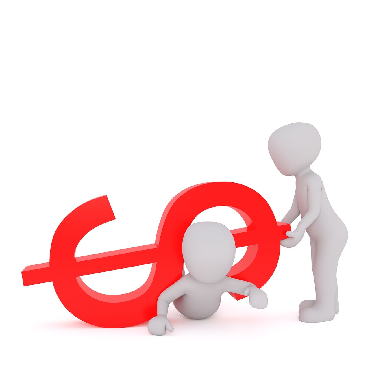 Signo de dólar aplastando a una persona mientras otra trata de liberarlo, metáfora de la comparación de UDIs vs Dólares 