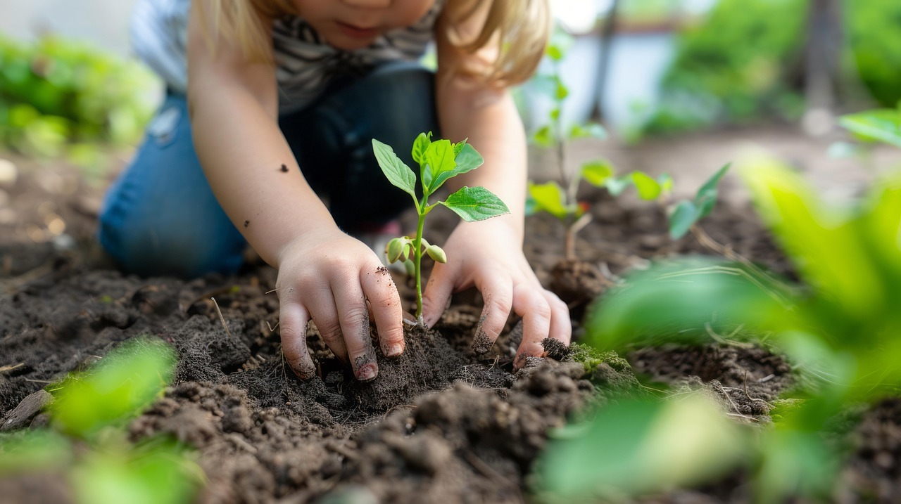 Niña sembrando una planta representando el crecimiento de una inversión iniciada desde joven