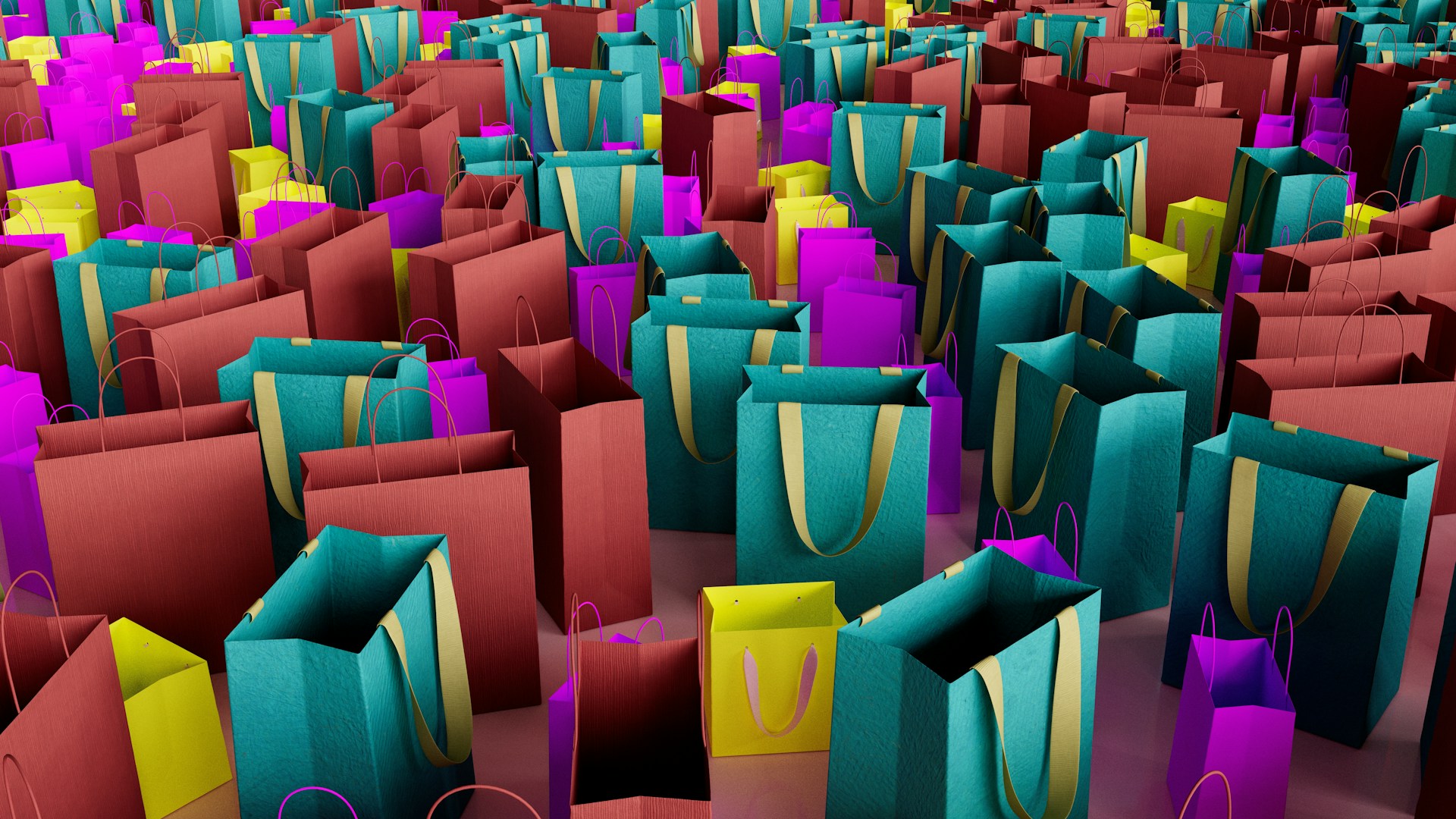 múltiples bolsas de compras en un centro comercial, reflejo del consumismo compulsivo