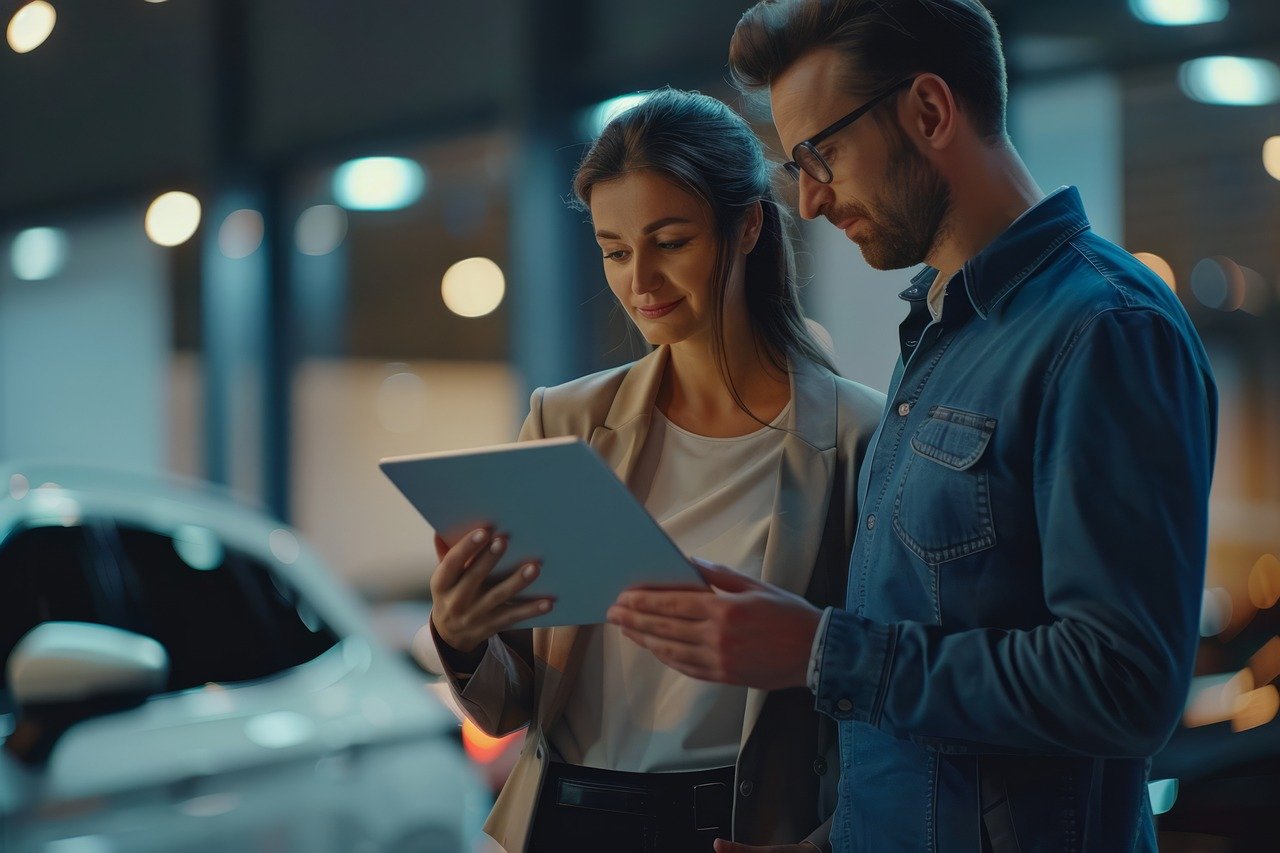 Pareja revisando documento en una agencia de autos porque van a comprar un auto a crédito